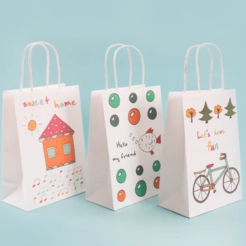 

10 Pcs/lot Festival Gift Kraft Bag White Shopping Bags with animal house DIY Multifunction Recyclable Paper Bag With Handles