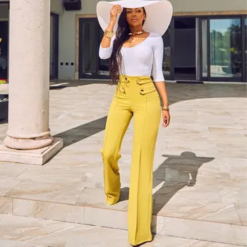 

Formal Wide Leg Casual PANTS Office Lady Work High Waist Elegant Trousers Moderns For Working Woman Flare Palazzo Yellow Busines
