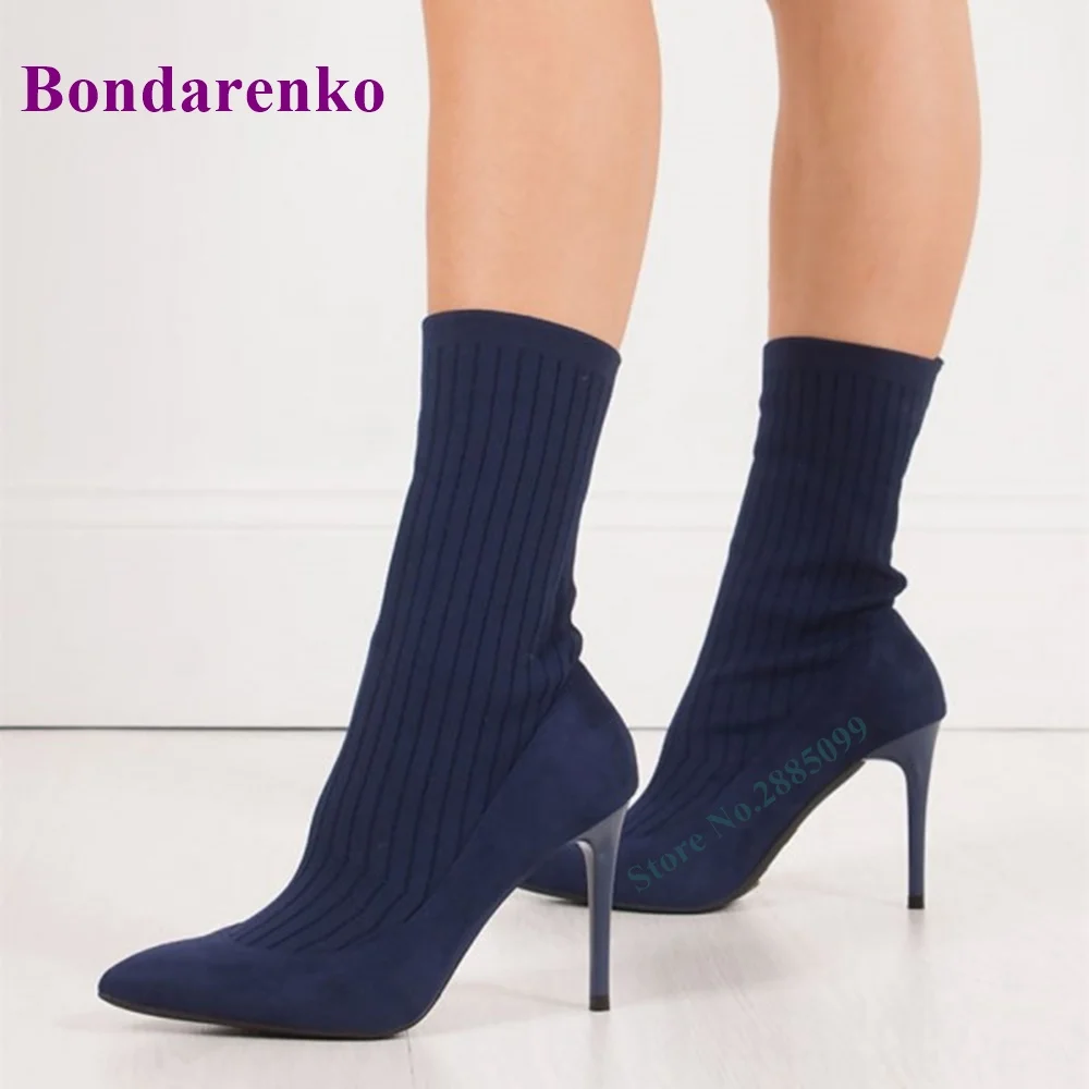 Navy Pointy Toe Sock Ankle Boots 