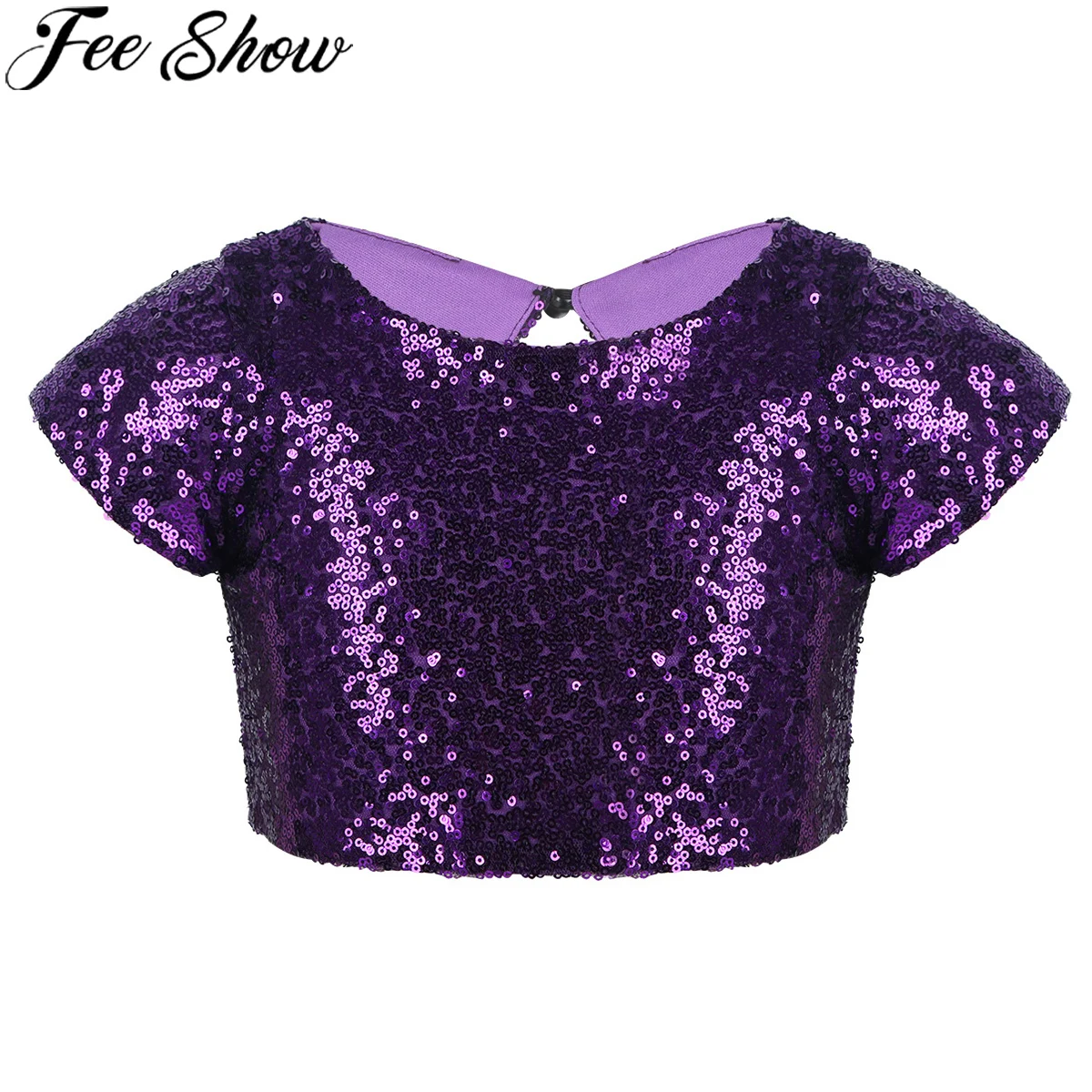 

FEESHOW Kids Girls Cap Sleeves Sparkly Sequin Keyhole Back Crop Top for Ballet Dance Stage Performance Birthday Party Daily Wear