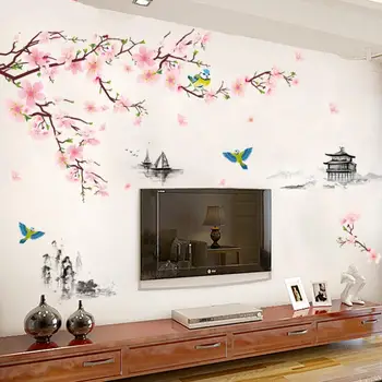 

Peach Blossom Flowers Wall Stickers DIY Art Modern Living Room Rose Flowers Birds Home Decor Gift PVC High Quality Decal