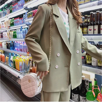 

Female Pant Suits Blazer Vintage Light Green Women Suits Double Breasted Pencil Pant Casual 2 Pieces Set Femme Office Wear