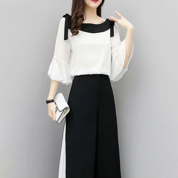 

Clothes Tracksuit Women Fashion Summer Set Wide Leg Pants Chiffon Suit Two Piece Set Three Quarter Flare Blouse And Pant Suits