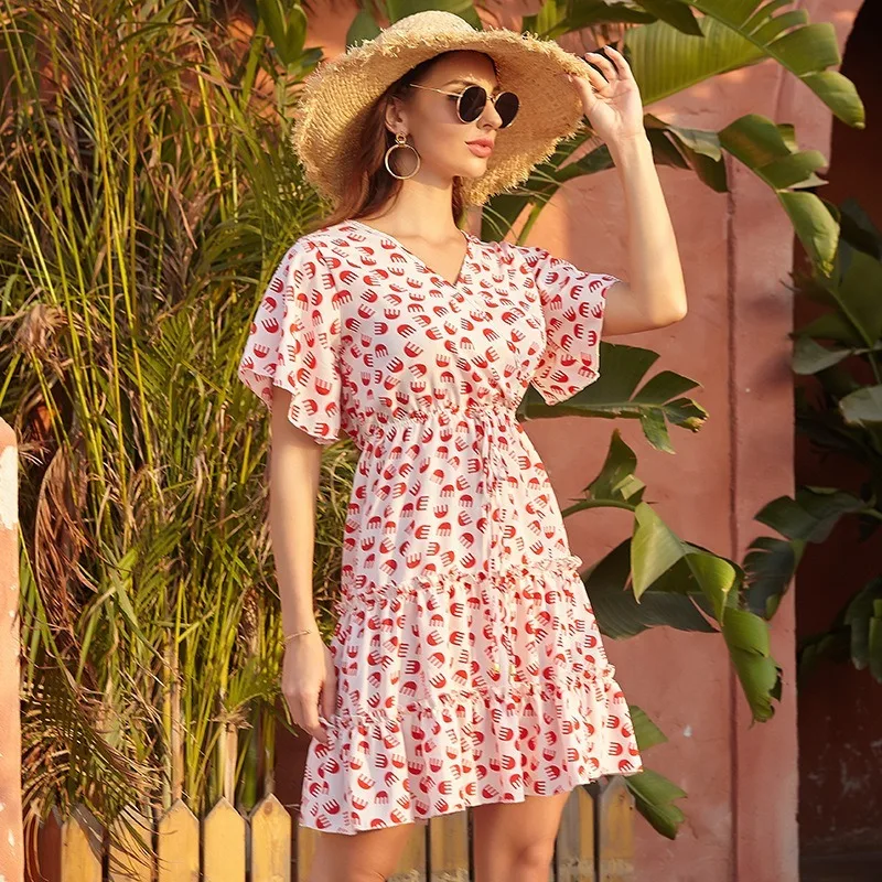 Хлопковое платье летнее романтичное с рюшами на рукавах модное в Корейском стиле