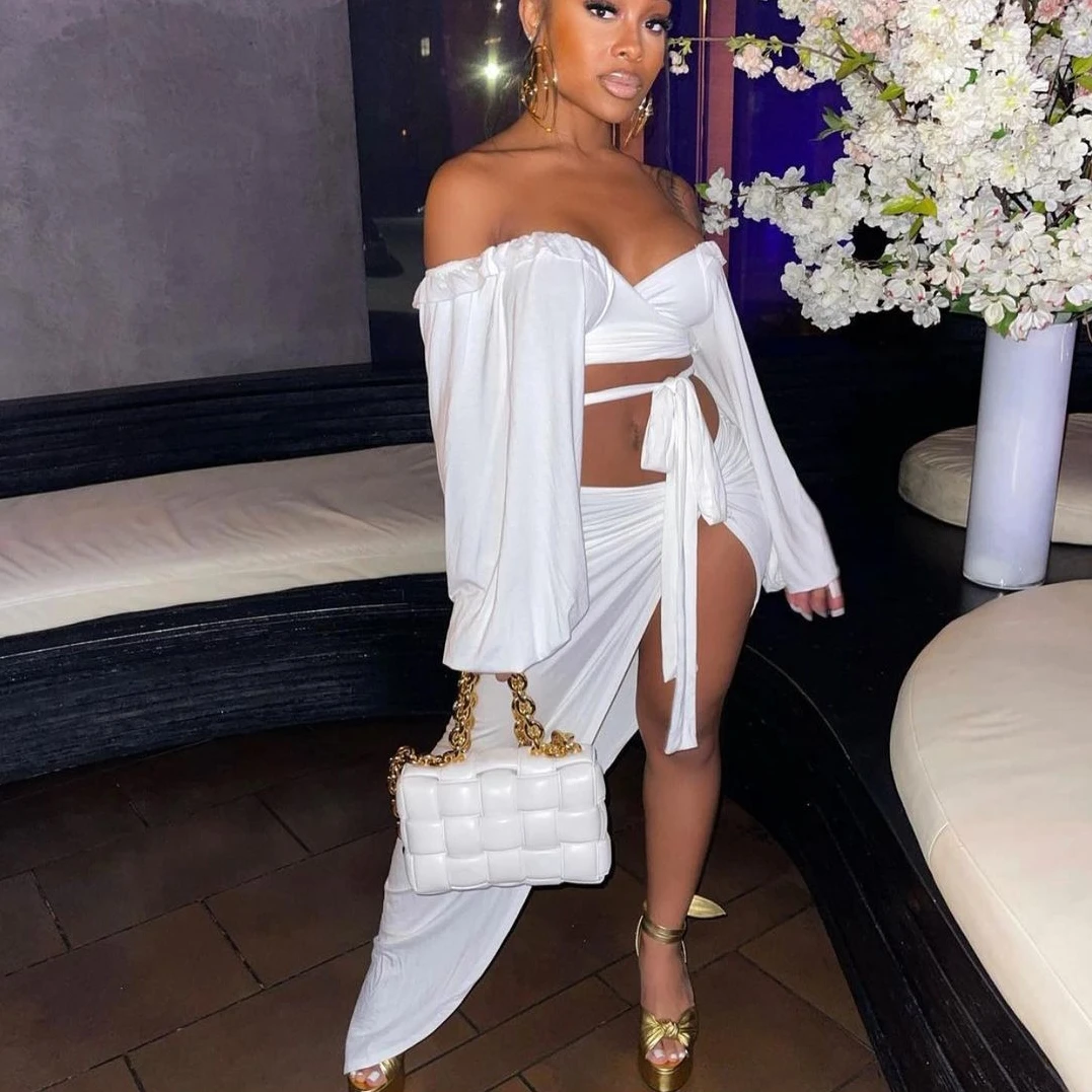 Ruched Irregular Split Puff Sleeve Women Two Piece Dress Sets Sexy Deep V Neck Top And Skirt Set Slim Party Wear Suits |