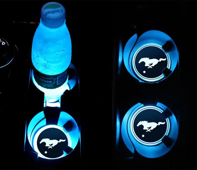 2 шт./лот, для Mustang, бегущая лошадь, автомобильная светодиодная блестящая подставка для стакана воды, паз, коврик, люминесцентные подставки, атмосферный светильник для Ford Shelby