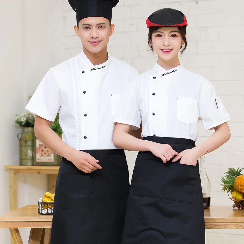 Unisex Casual Soft Chef Jackets Short Sleeve Stand Collar Double Breasted Kitchen Catering Restaurant Long sleeve Work Uniform - Цвет: short sleeve WHITE