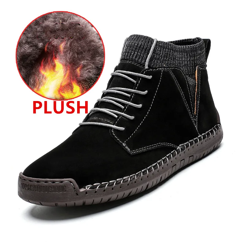 New Winter High Quality Men Boots Warm Plush Snow Boots Leather Work Shoes Men's Fashion Footwear Rubber Ankle Boots Size 38-48 - Цвет: Plush Black