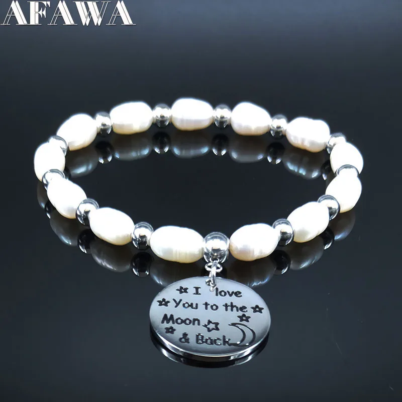 Браслет из нержавеющей стали с пресноводным жемчугом I Love you to the Moon &amp Back
