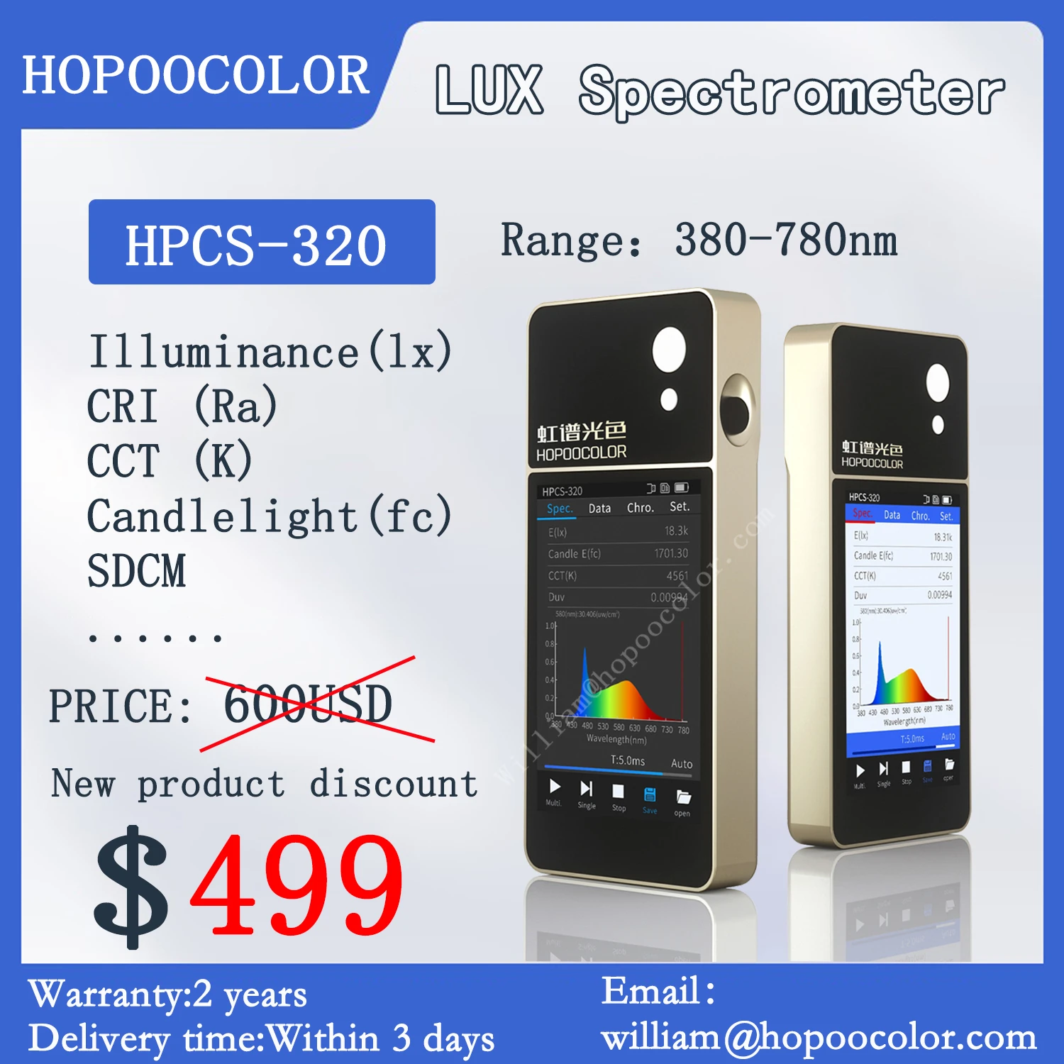 Lux Meter Light Spectrometer Hopoocolor Hpcs320 Mini Handheld 380780nm
