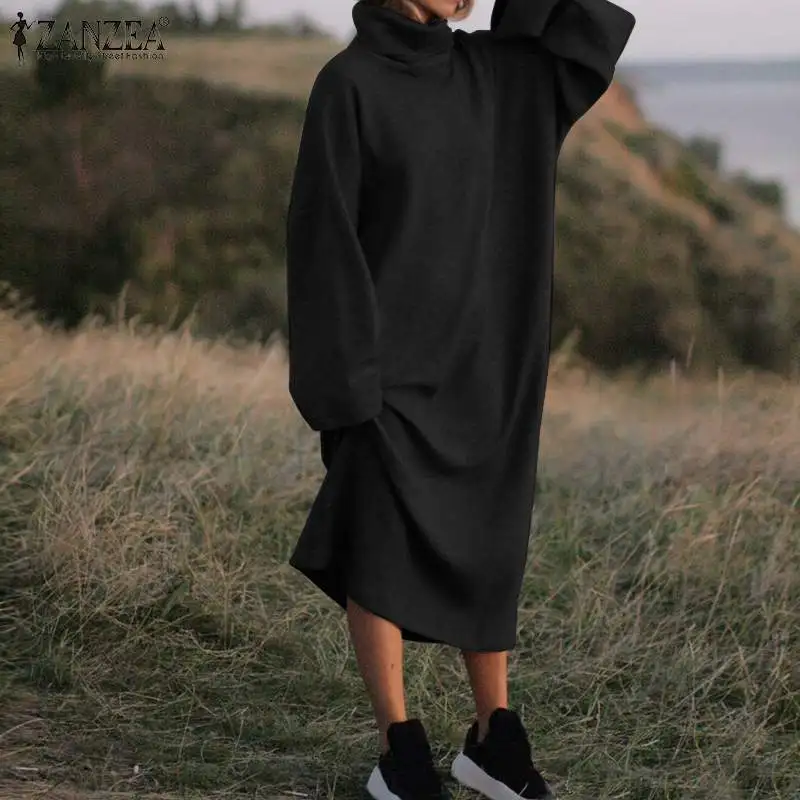 Женское платье-Толстовка большого размера ZANZEA модный Повседневный пуловер Vestidos платья-Макси с длинным рукавом однотонное Свободное длинное платье