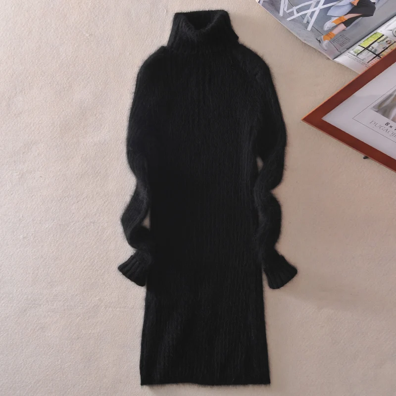 Длинный очень теплый свитер кашемир с норкой и пуловеры для женщин Осень Зима мягкий свитер водолазка женский базовый пуловер - Цвет: Черный