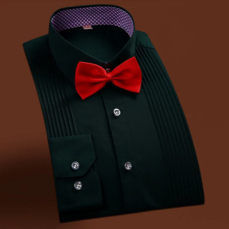 Новое поступление, Мужская однотонная французская рубашка-смокинг, мужские рубашки с длинными рукавами, свадебные рубашки для жениха, вечерние рубашки для ужина - Цвет: Dark green