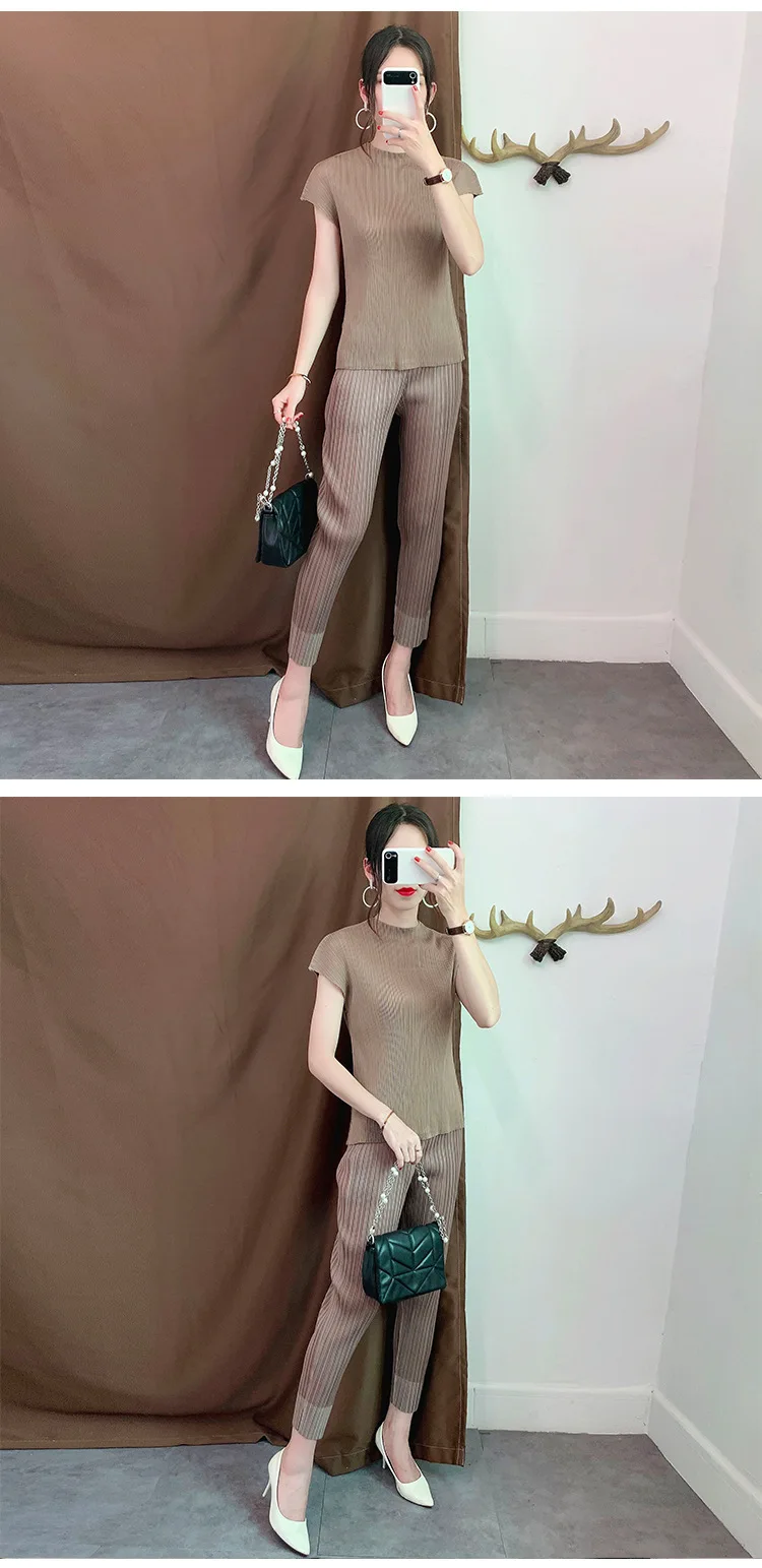 Плюс размер брюки 2019 женские стрейч Miyake плиссированные прямые брюки Сплит лодыжки длина все совпадающие повседневные брюки женские
