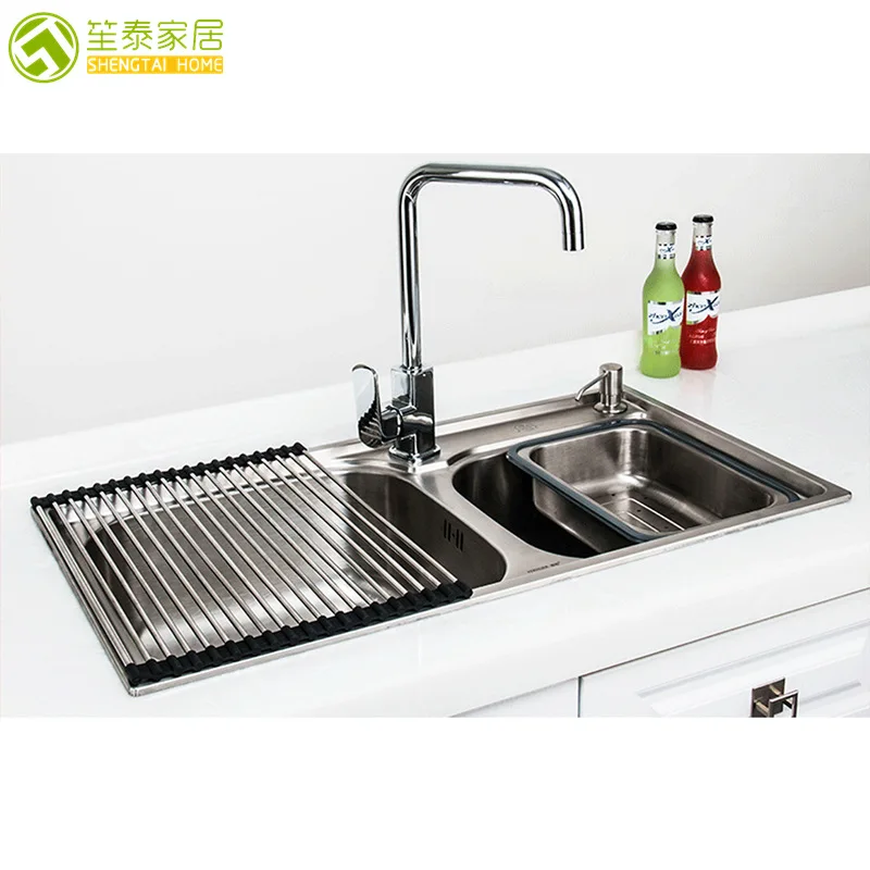 

Multi-functional Creative Silica Gel Household Products Kitchen Storage Draining Shelf Stainless Steel Folding Sink Roller Blind
