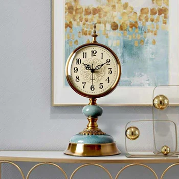 

Bedroom Table Clock Decorative Retro Metal Desk Clock European Ceramic Base Silent Bedside Desk Timekeeping Device