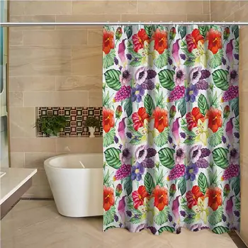 

Watercolor Hotel Quality Polyester Shower Curtain Tropical Flower Pattern Various Tropical Plants Calla Chinese Hibiscus Anemone