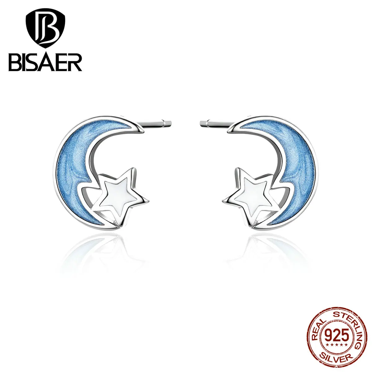Moon Shape BISAER Authentic 925 Sterling Silver Moon& Star Small Stud Earrings for Women Silver Jewelry ECE792