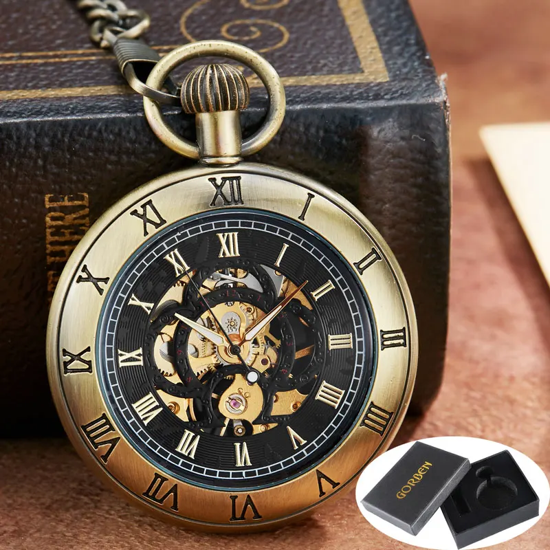 Bronze with box Винтажный Римский циферблат Mehanical карманные часы брелок цепочка Скелет ручной Ветер Механические Мужские Женские часы Двойные весы Круглый циферблат - Цвет: Bronze with box