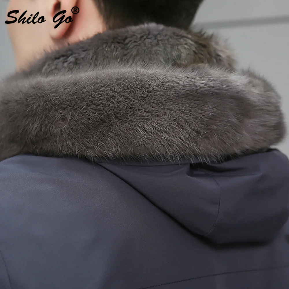 Меховые парки Smart casual, воротник из натурального меха норки, Толстая теплая норковая меховая подкладка, длинное пальто с капюшоном, Мужская зимняя верхняя одежда темно-синего цвета размера плюс