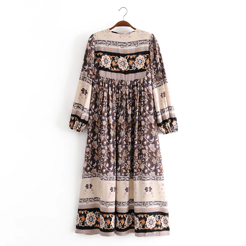 Vintage chic women long sleeve neck tie Ethnic grey floral print beach Bohemian maxi dress Ladies rayon Boho dress vestidos
