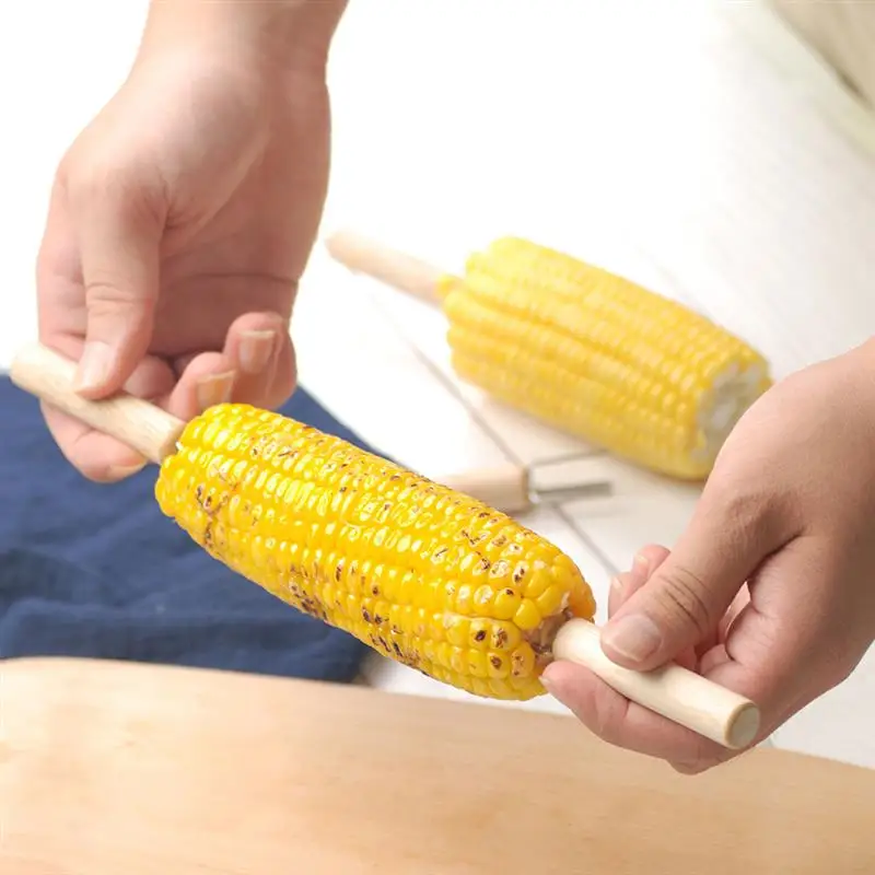 4 Pieces Stainless Steel Corn Holders Wooden Handle Hand Skewers Outdoor BBQ Anti Scalding Forks Garden Picnic Cooking Tools