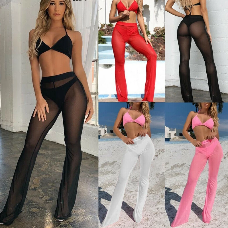 Sexy Women Beach See-through Mesh High Waist Elastic Sheer Wide Leg Pants Trousers Bikini Cover Up S-XL Sexy Women Beach See-through Mesh High Waist Elastic Sheer Wide Leg Pants Trousers Bikini Cover Up S-XL