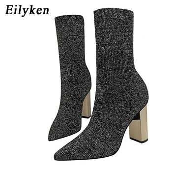 

Eilyken 2020 Women Fetish Stretch Sock Boots Metal Block High Heels 9.5cm Short Ankle Boots Chunky Stripper Shoes
