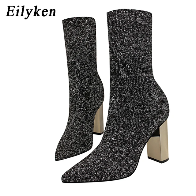 $US $24.90 Eilyken 2020 Women Fetish Stretch Sock Boots Metal Block High Heels 9.5cm Short Ankle Boots Chunky 