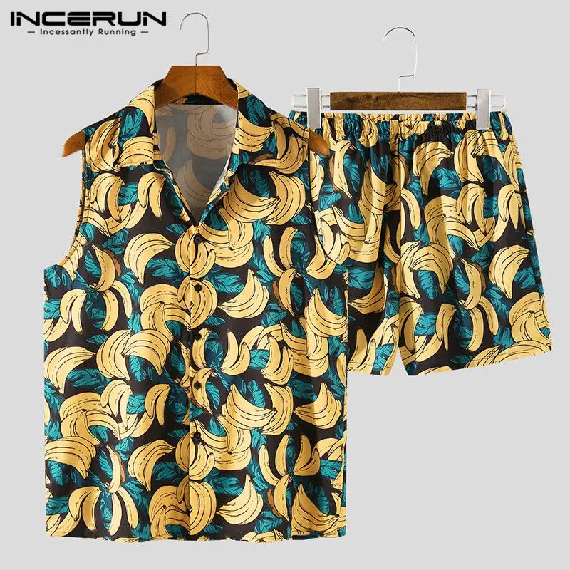 Men Suits Beach Sleeveless Button-Shirt Hawaiian-Sets Casual Shorts Vacation Streetwear