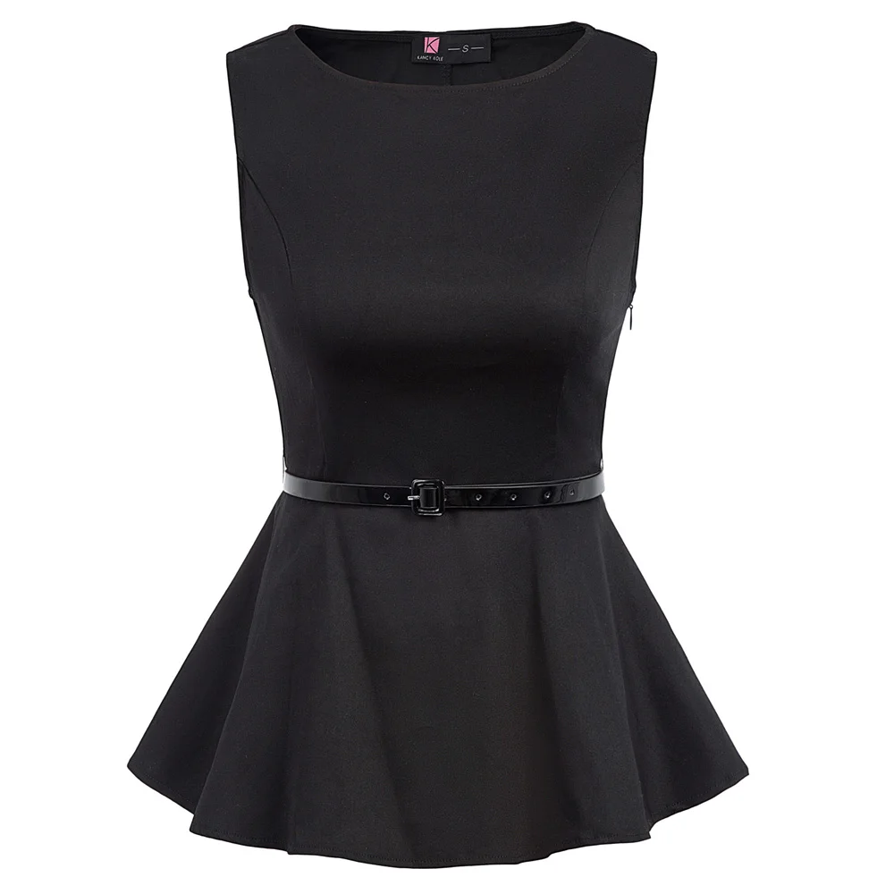 

Office Work Shirts Blouses Travel Floral Belt Sleeveless Zipper Casual Crew Neck Peplum Hem Party 2019 Fashion