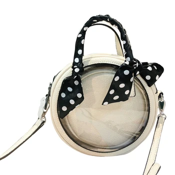 

JHD-Women'S Transparent Fashion Top Layer Cowhide Small Round Bag Shoulder Slung Casual Shopping Scarf Handbag
