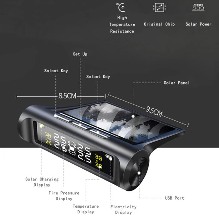 Система контроля давления в шинах, солнечная энергия, TPMS, беспроводной 4 внешних датчика для автомобиля V6