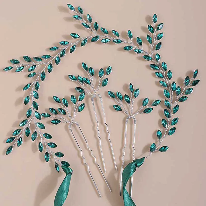 Bridal Blue Red Headband with Hair Pins Crystal Wedding Headpieces for Bride Rhinestones Vine Wedding Accessories for Flowe