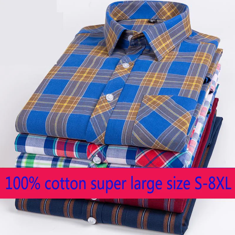 Men Shirt Long-Sleeve Plaid Fashion Summer Thin Casual Cotton Plus-Size Loose S-7XL Super-Large
