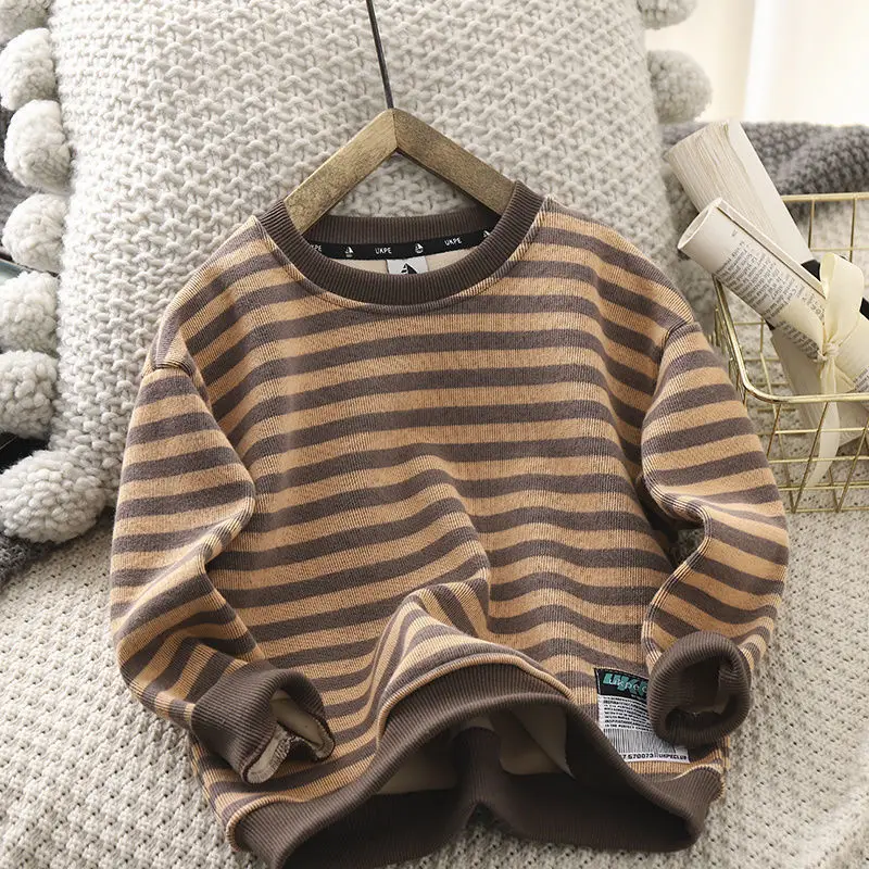Boys' Fleece-Lined Sweater New Children's Stripe Thickening Warm Medium and Big Children's Boy Bottoming Shirt Long-Sleeved Top kids sweater kids hoodie sweatshirts