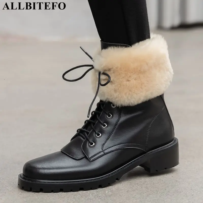 

ALLBITEFO new winter genuine leather high heels ankle boots for women high quality thick heel martin boots snow women boots