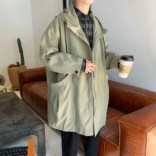 Осенняя ветровка мужская модная однотонная Повседневная куртка с большим карманом и капюшоном Мужская Уличная свободная тонкая длинная куртка мужская