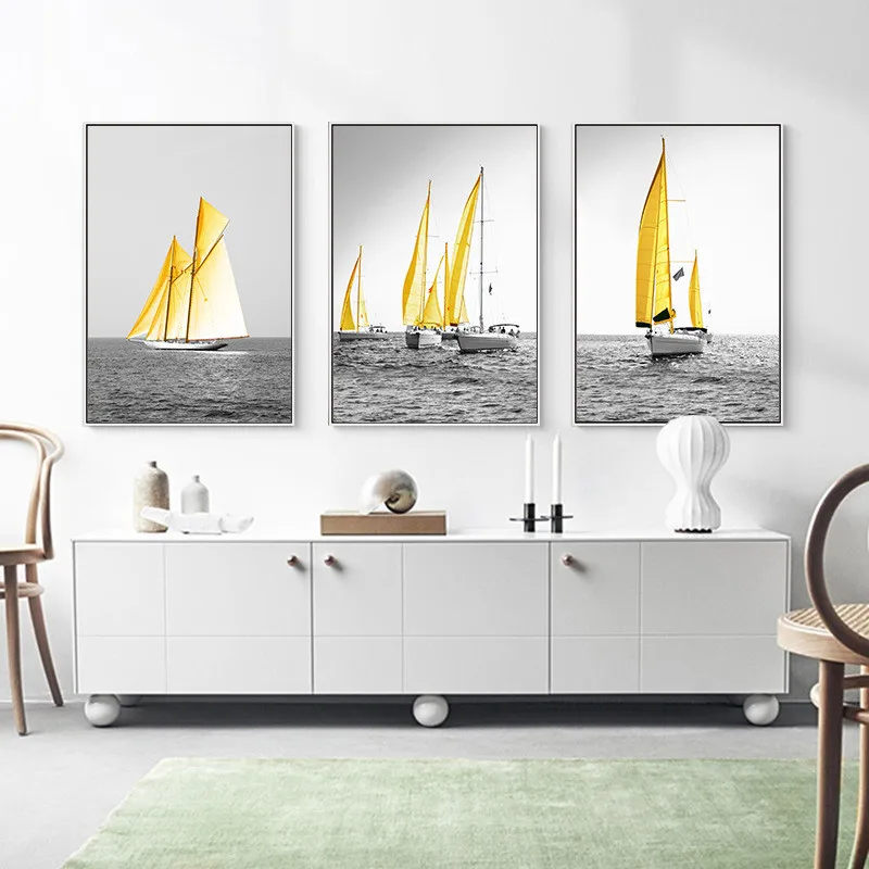 Модульная Фреска для гостиной желтая парусная лодка пейзаж черного океана в