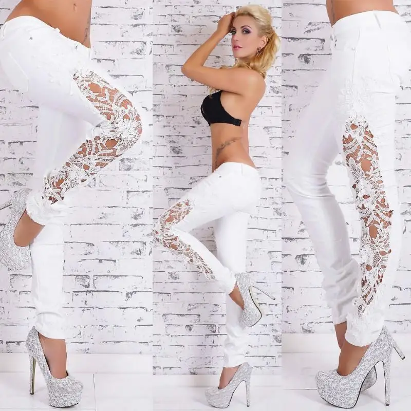 

2019 New Fashion Slim Lace Crochet Stretch Denim Jeans Hollow Out Skinny Jeans Woman Pencil Pants Trousers White Plus size 3xl
