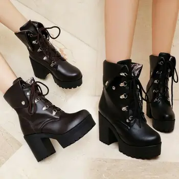 

Women's Chunky Block Heel Lace Ups Biker Combat Platform Ankle Boots Shoes