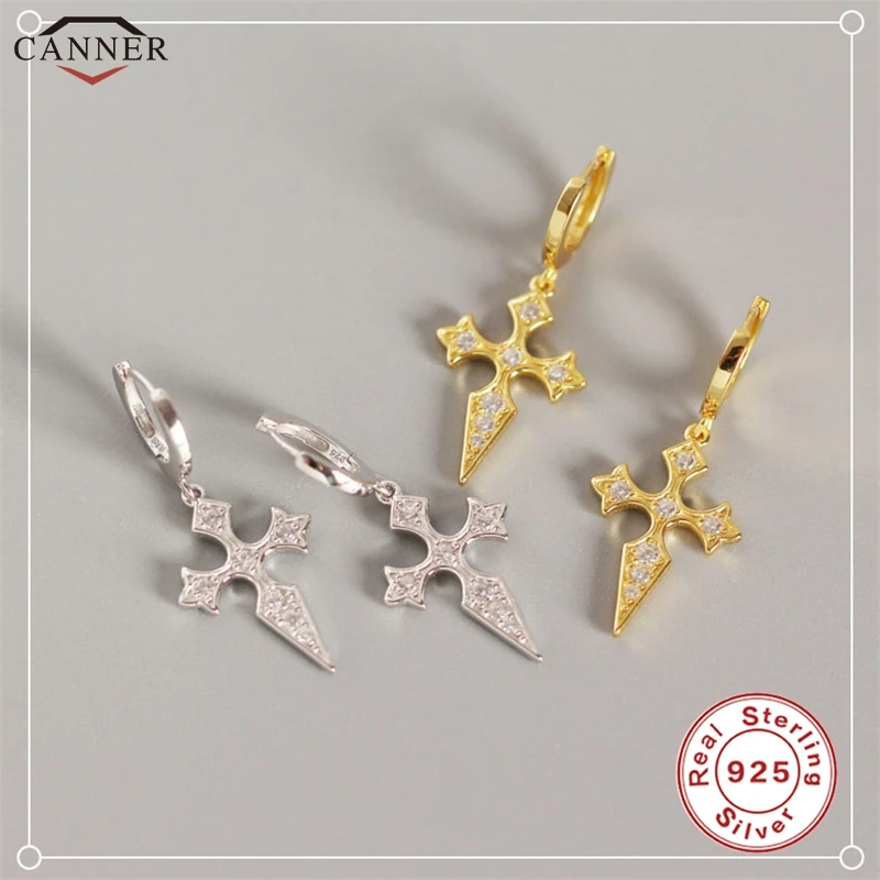 

CANNER 925 Sterling Silver Hoop Earrings for Women Gold Color Small Circle Earrings 2019 Cross Earrings Punk Jewelry Gifts H40