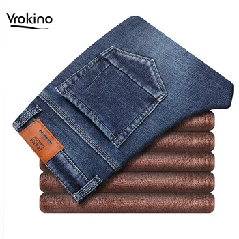 

2019 Winter Thick Warm Jeans Men's Business Casual Stretch Slim Jeans Large Size Retro Men's Pants 28-40