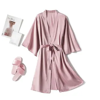 

New Satin Silk Women Lingerie Robes Sexy Long sleeve bandage Sleepwear Underwear plus size peignoir satin femme F@