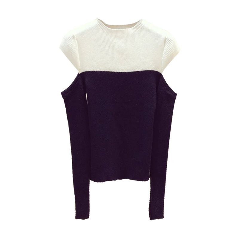 Black and White Color Block Round-Neck Off-Shoulder Long-Sleeve Knit Top Women's 2020 Spring New Slim Sweater Ladies Jumper Black and White Color Block Round-Neck Off-Shoulder Long-Sleeve Knit Top Women's 2020 Spring New Slim Sweater Ladies Jumper