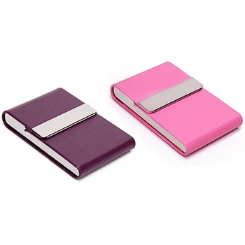 

2x PU Business Card Holder for Women Men Business Card Case Slim Name Card Holder with netic Shut,Purple & Pink