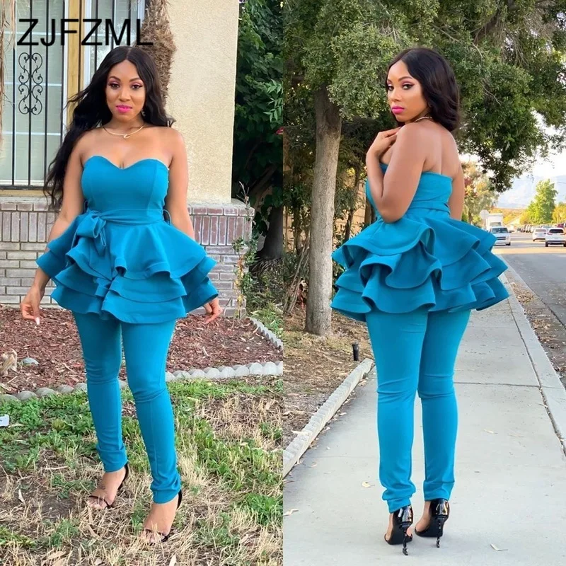 

Solid Sexy Two Piece Matching Sets Women Backless Strapless Cascading Ruffle Long Tops and Pencil Pants Autumn 2019 Pants Set