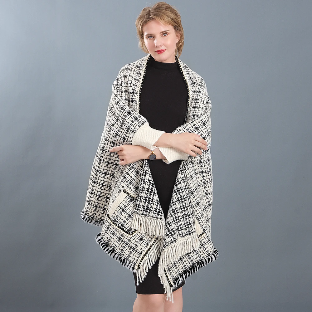 

New style mink edge cashmere blended women's winter scarf cloak with sleeves shawl to keep warm and thick in winter