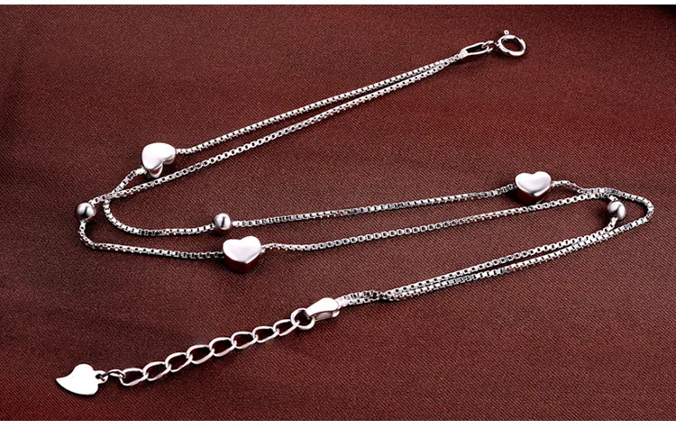925 Sterling Anklet Heart Double Layer Women's Korean-style Simple Hipster Versitile Fashion jiao shi pin