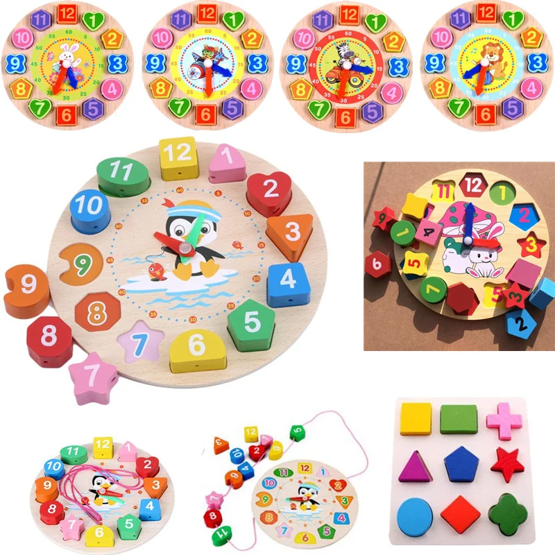Montessori Cartoon Animal Educational Wooden Beaded Geometry Digital Clock Puzzles Gadgets Matching Toy For Children | Игрушки и хобби